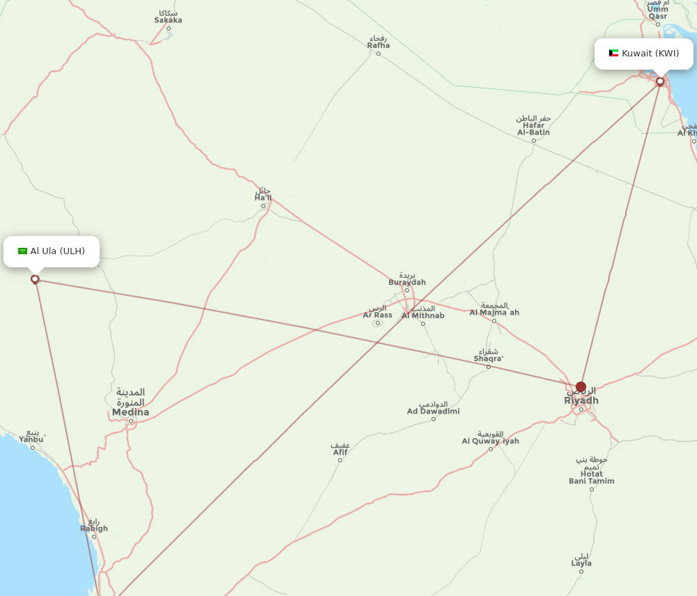 KWI to ULH flights and routes map