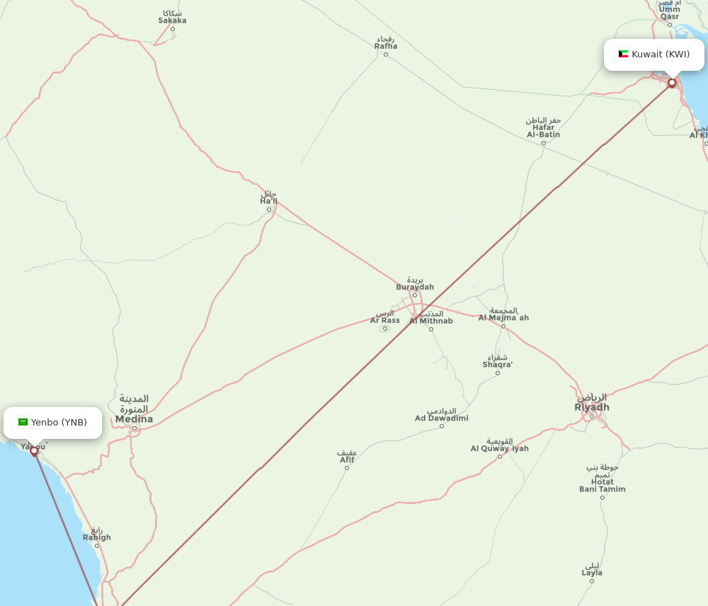 KWI-YNB flight routes