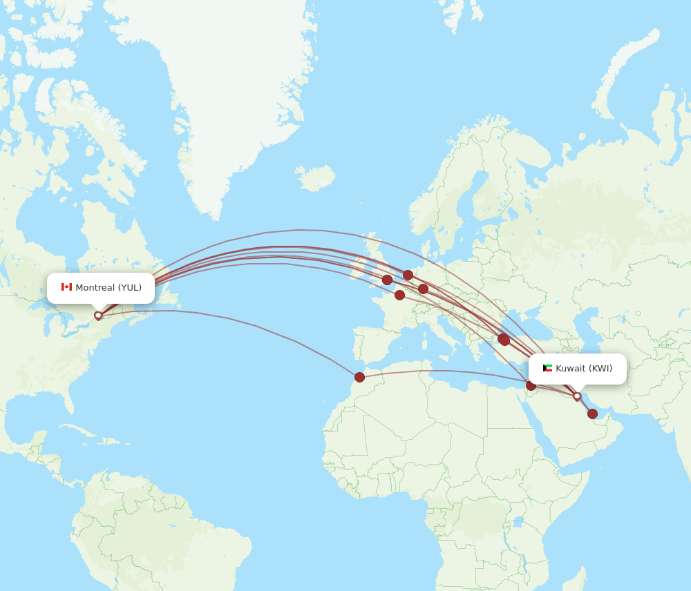 KWI to YUL flights and routes map