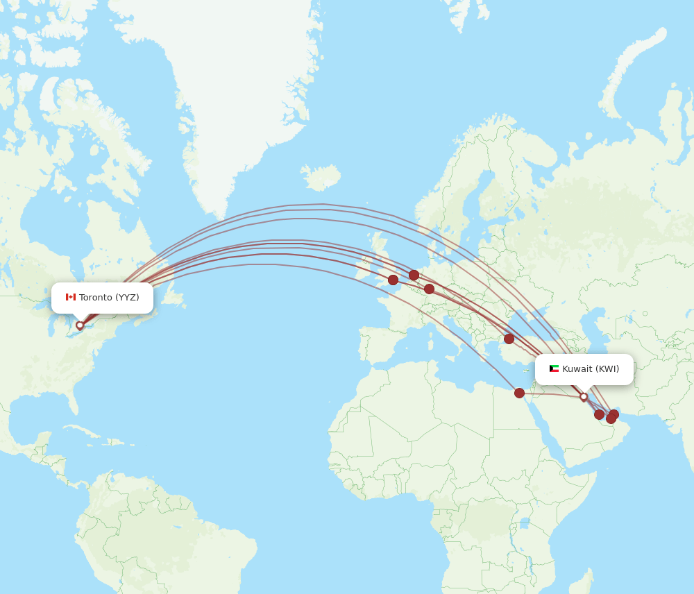 KWI to YYZ flights and routes map