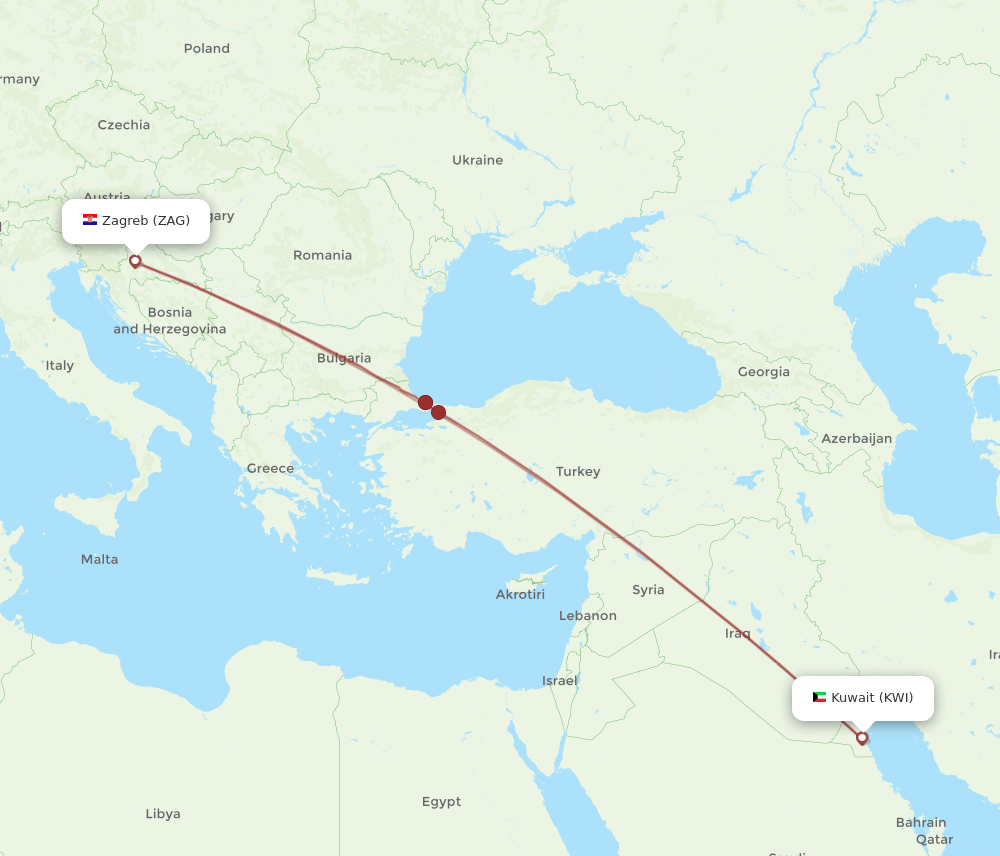 KWI to ZAG flights and routes map