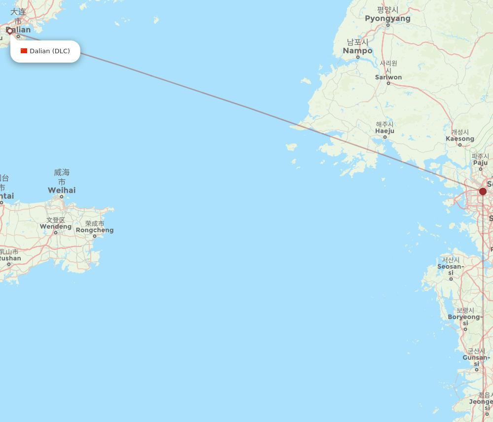Dalian - Gwangju route map and flight paths
