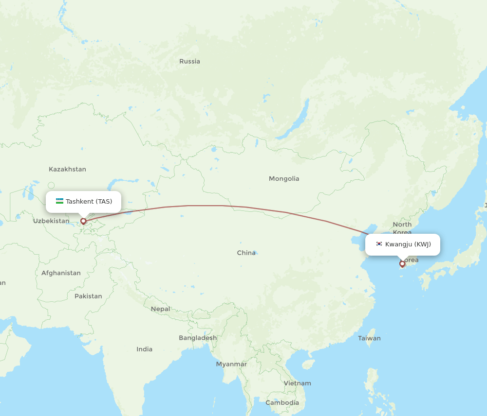 Tashkent - Gwangju route map and flight paths