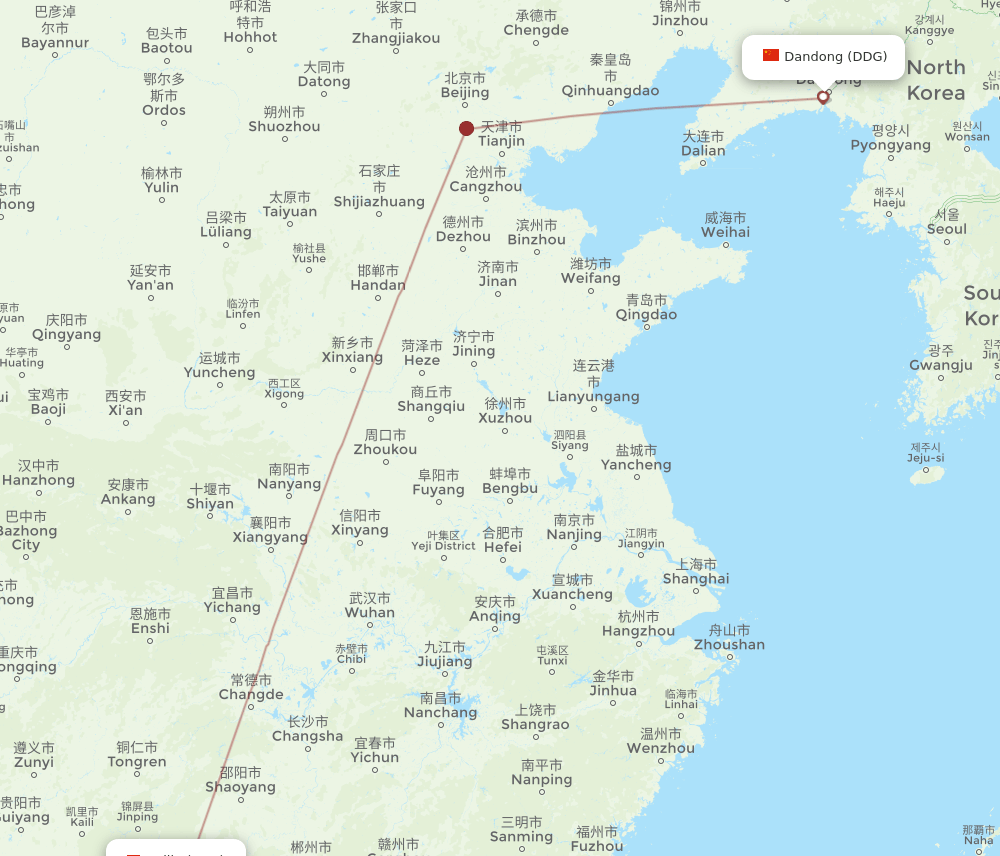 Guilin - Dandong route map and flight paths