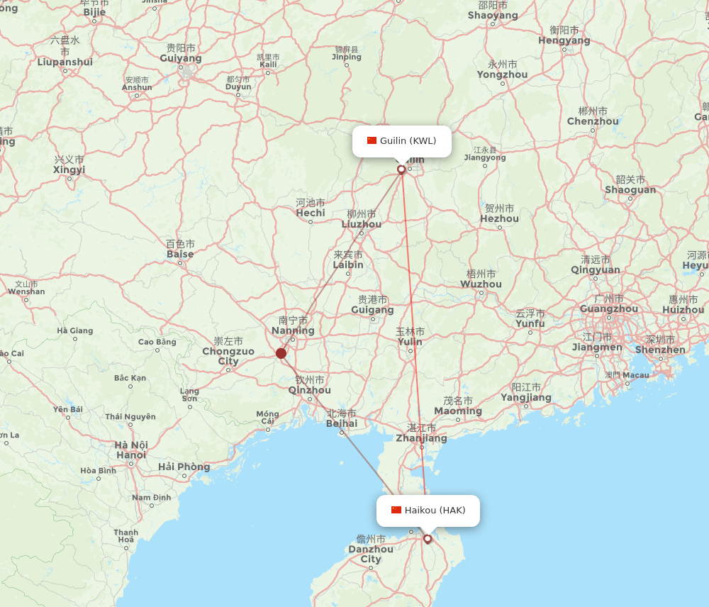 Haikou - Guilin route map and flight paths
