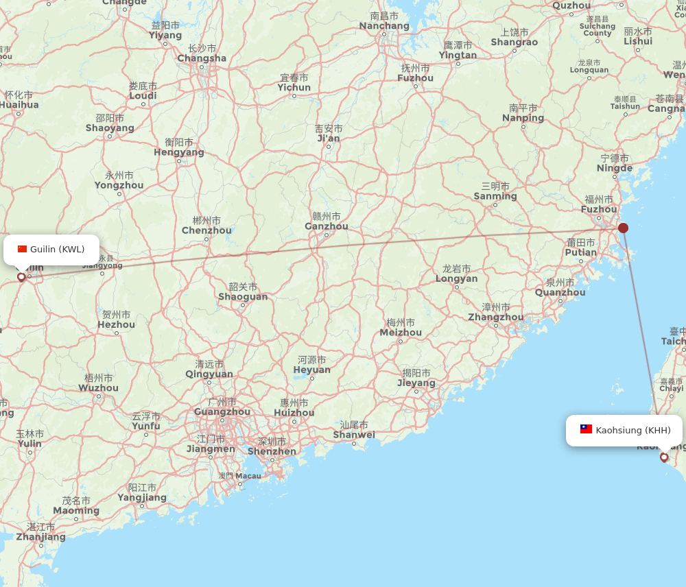 Kaohsiung - Guilin route map and flight paths
