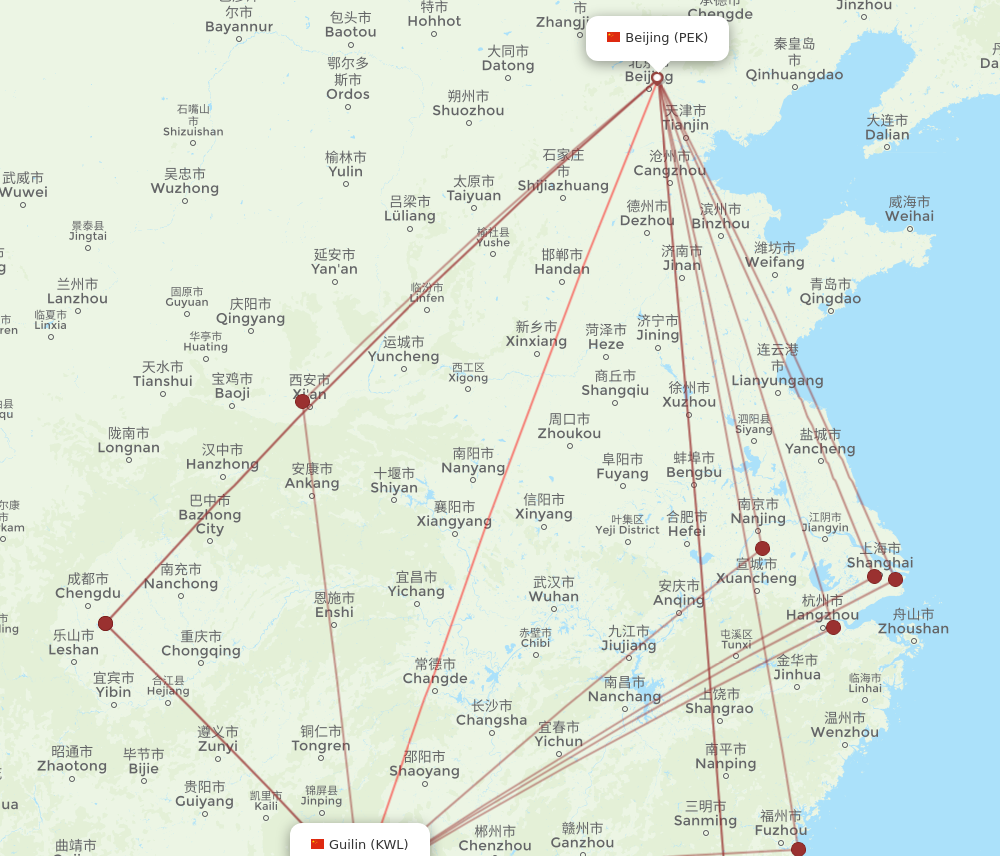 KWL to PEK flights and routes map