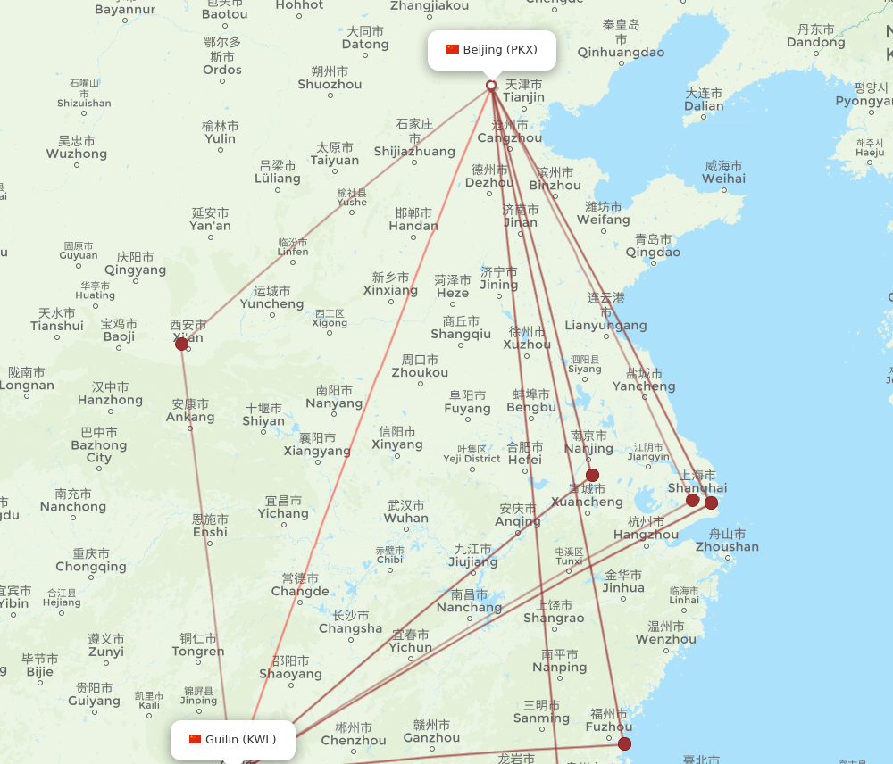 KWL to PKX flights and routes map