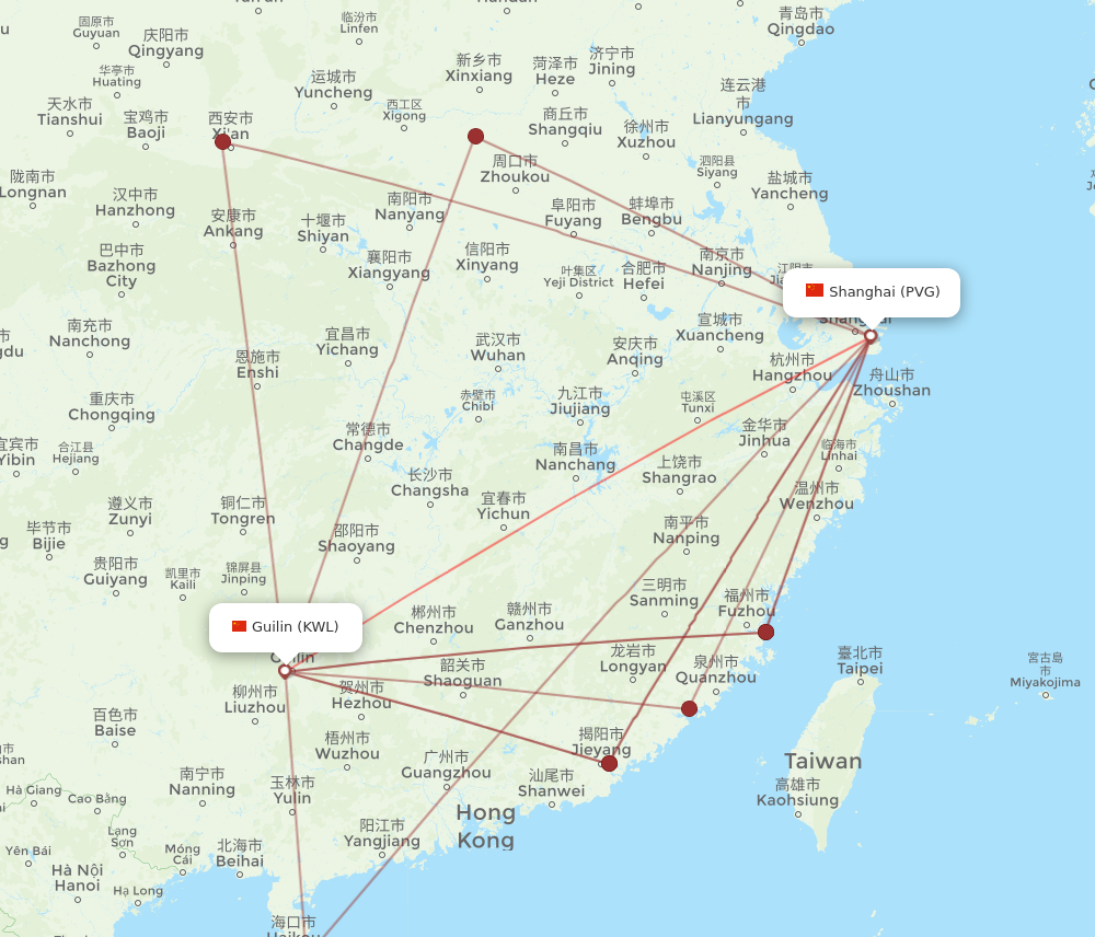 KWL to PVG flights and routes map