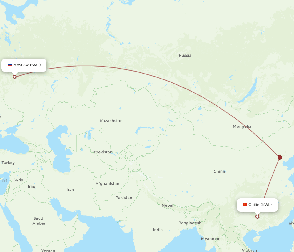 Moscow - Guilin route map and flight paths