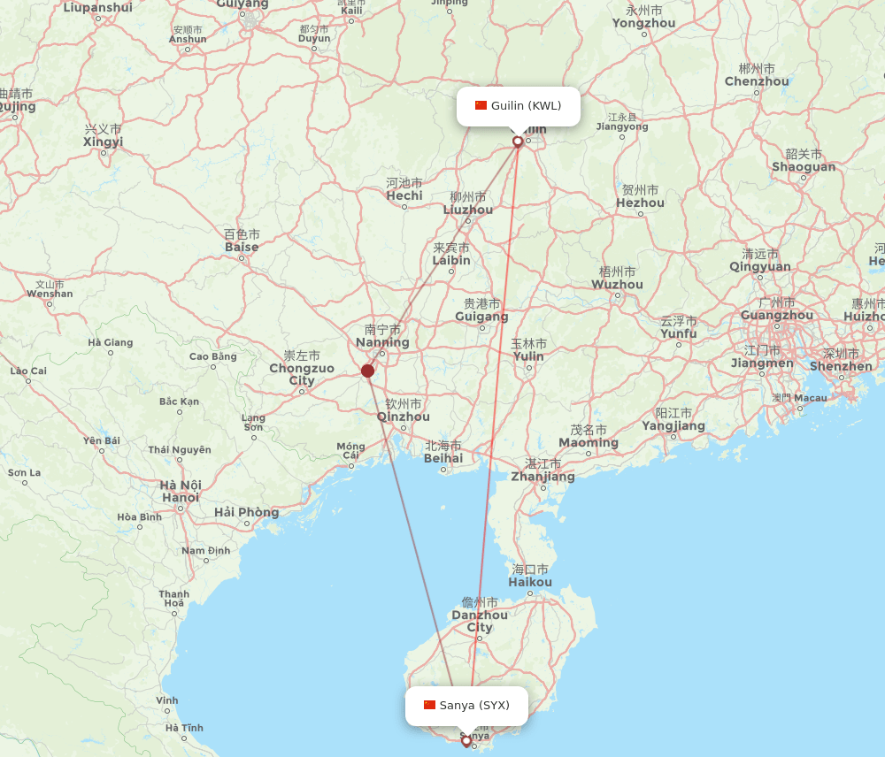 Guilin - Sanya route map and flight paths