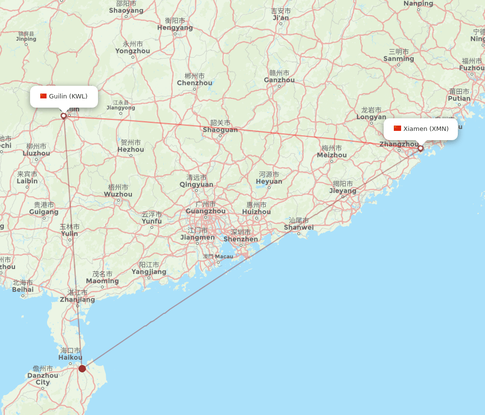 Xiamen - Guilin route map and flight paths