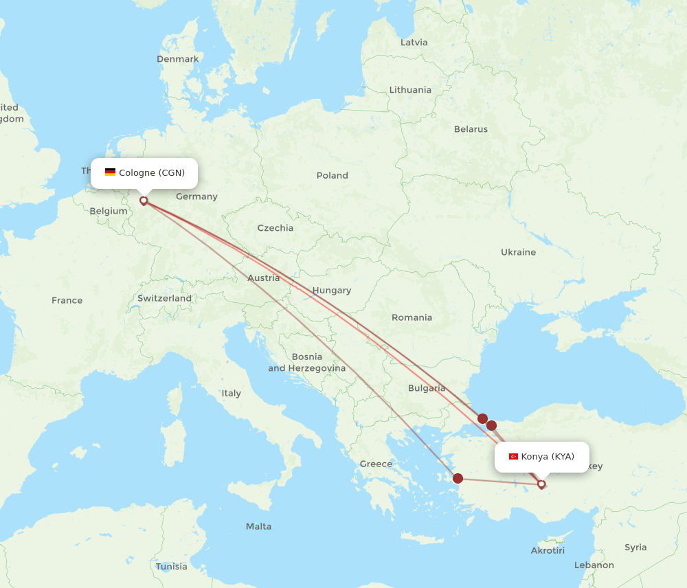 KYA to CGN flights and routes map