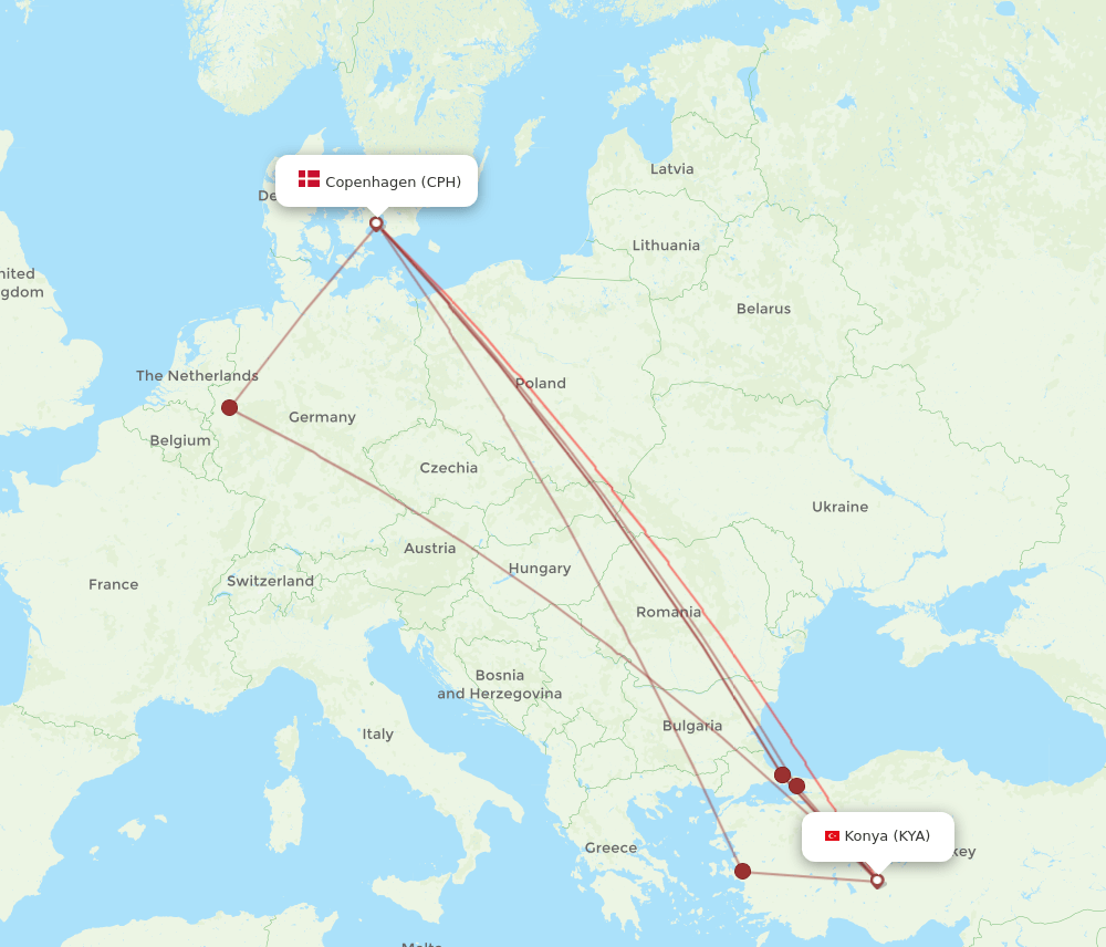 KYA to CPH flights and routes map