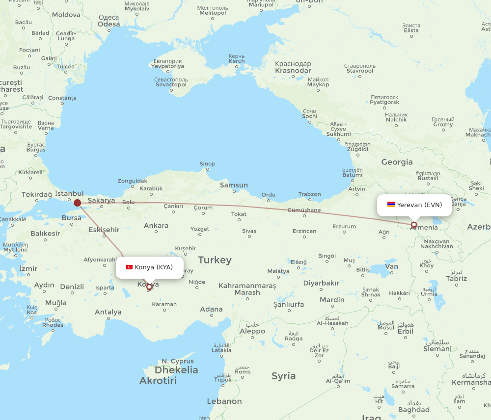Yerevan - Konya route map and flight paths