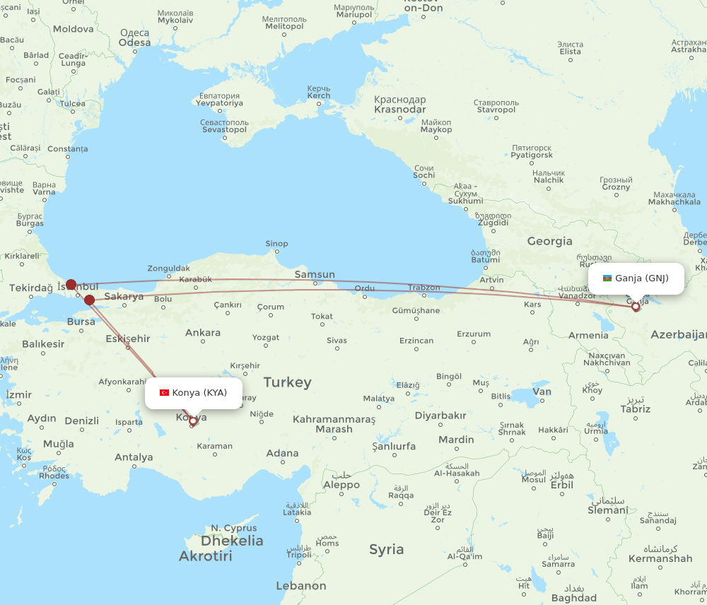 KYA to GNJ flights and routes map