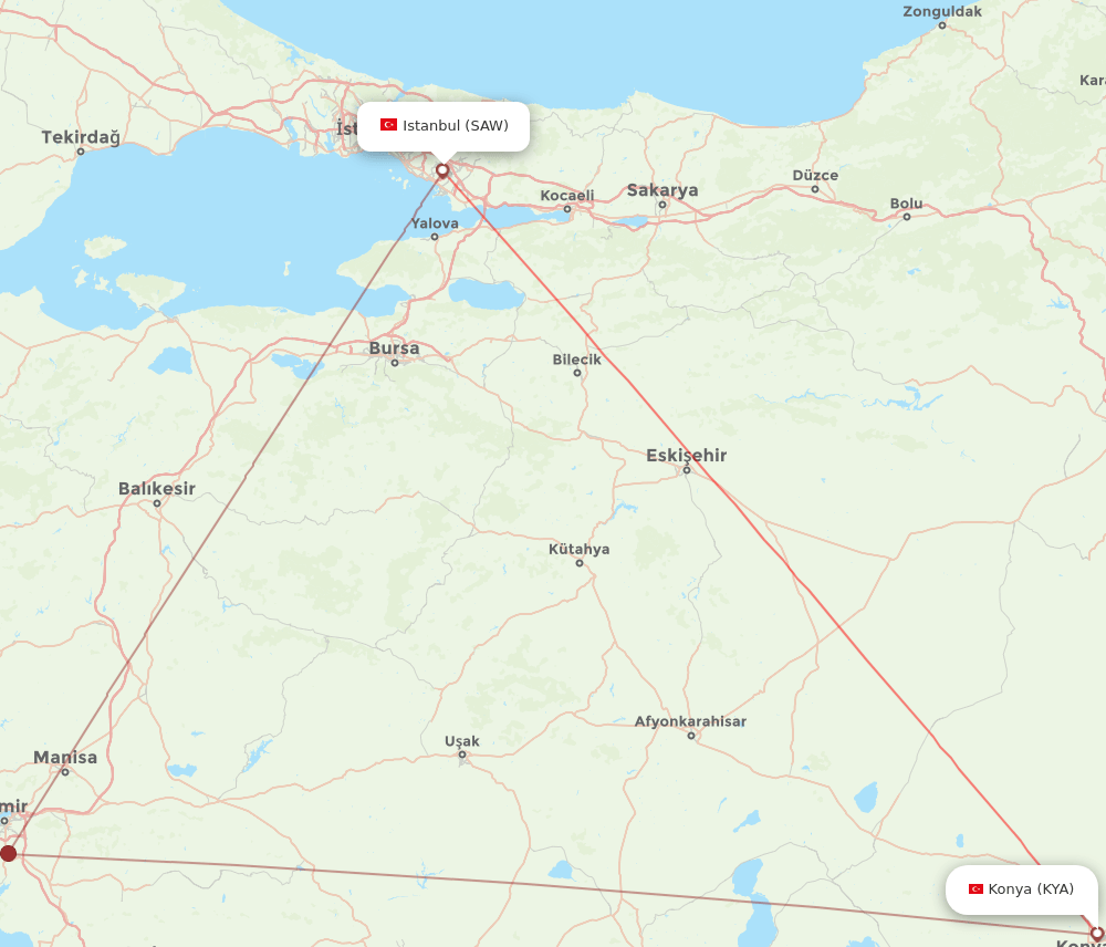 Konya - Istanbul route map and flight paths