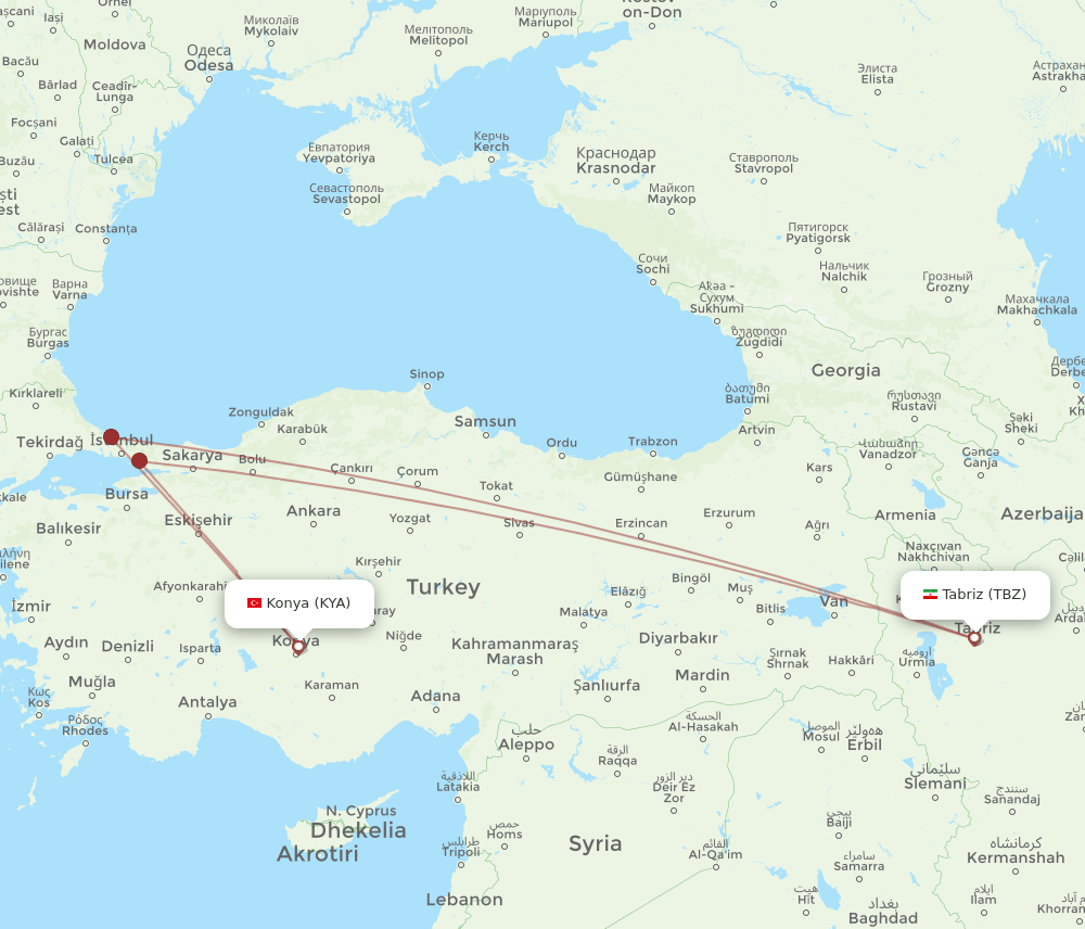 KYA-TBZ flight routes