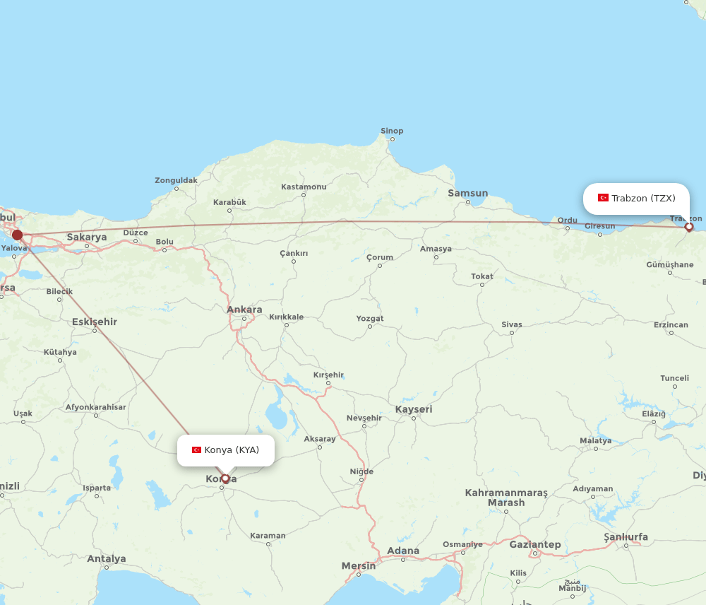 KYA-TZX flight routes