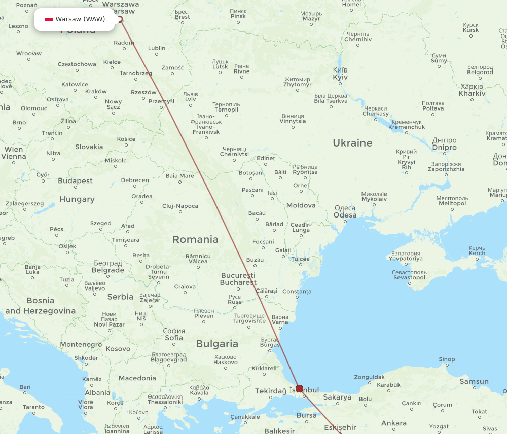 KYA to WAW flights and routes map