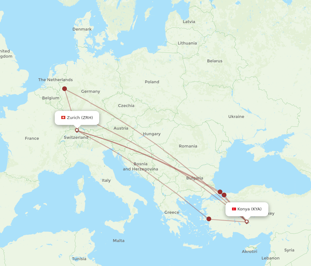 ZRH to KYA flights and routes map