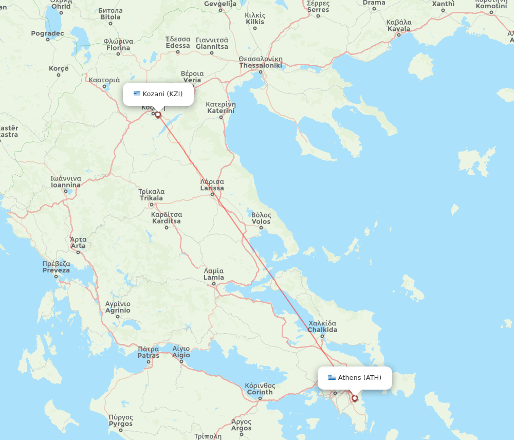 Kozani - Athens route map and flight paths