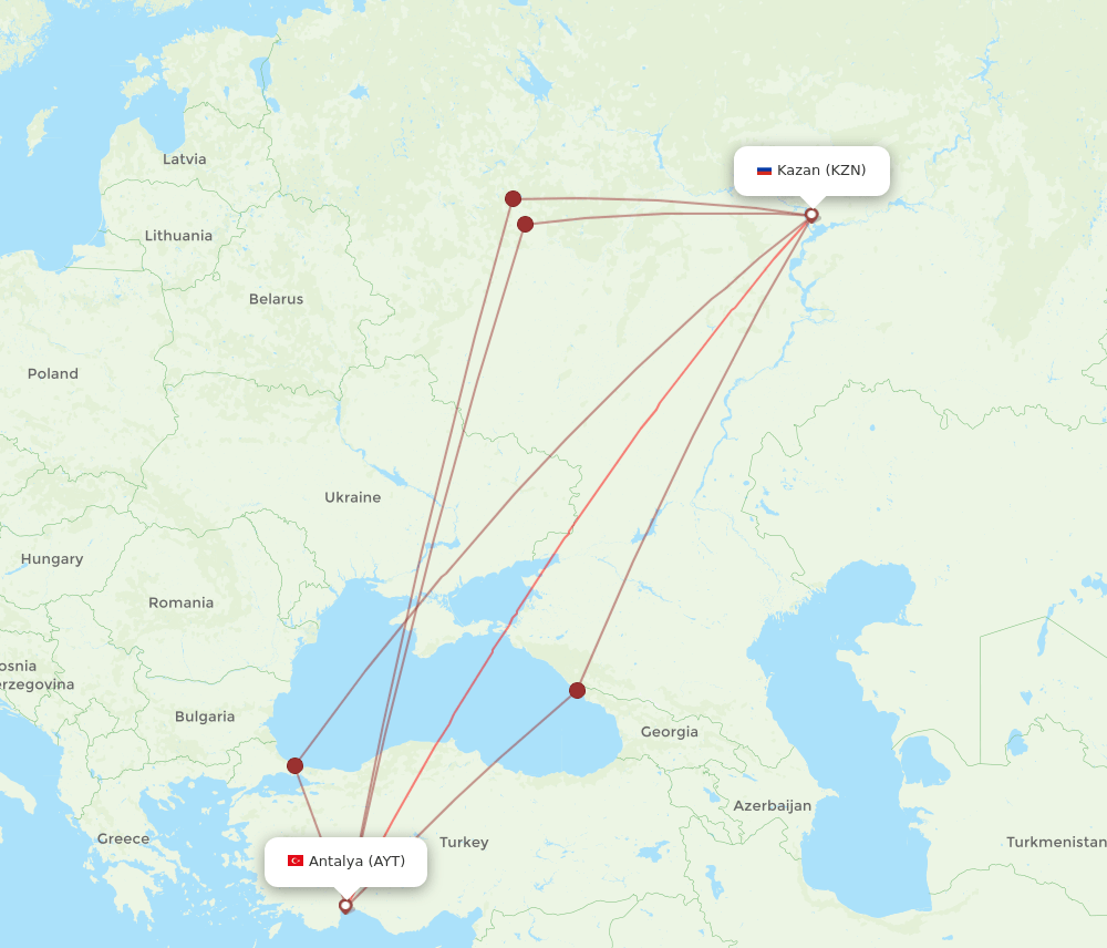 KZN to AYT flights and routes map