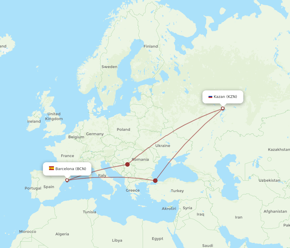 KZN to BCN flights and routes map