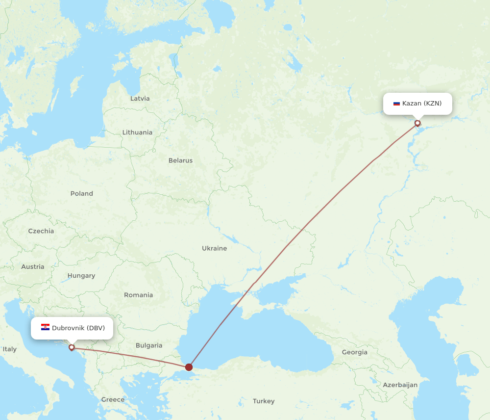 Dubrovnik - Kazan route map and flight paths