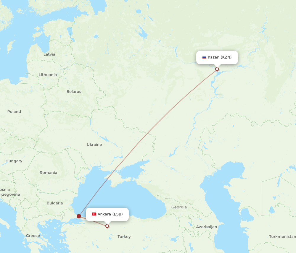 KZN to ESB flights and routes map