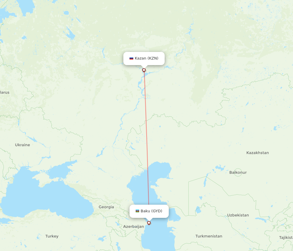 Kazan - Baku route map and flight paths