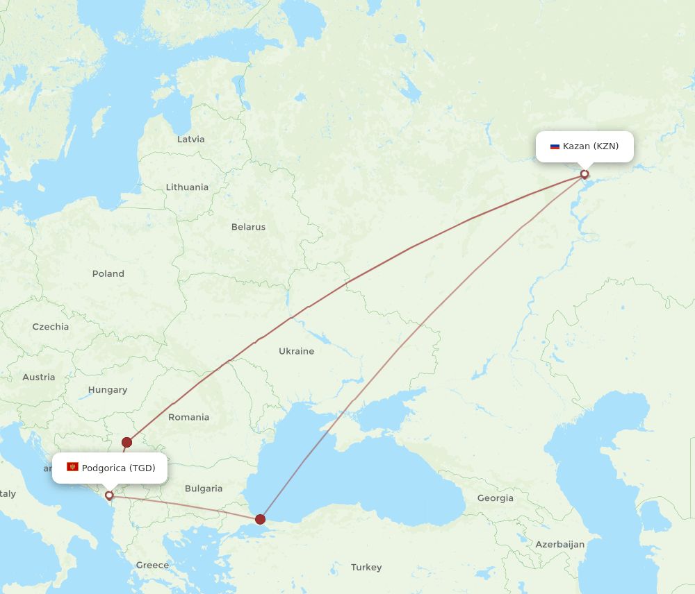 KZN-TGD flight routes