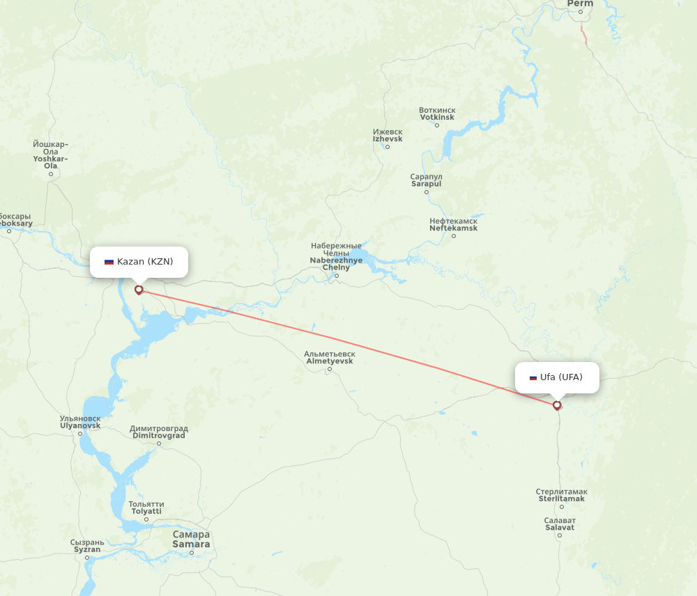 Kazan - Ufa route map and flight paths