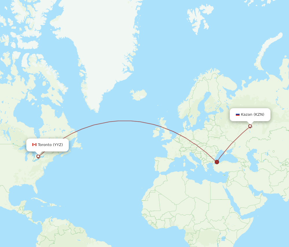 Toronto - Kazan route map and flight paths