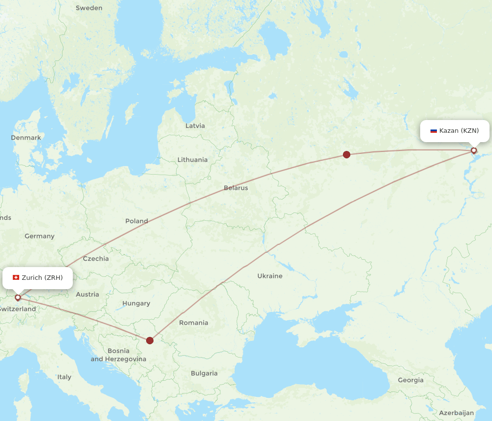 Zurich - Kazan route map and flight paths