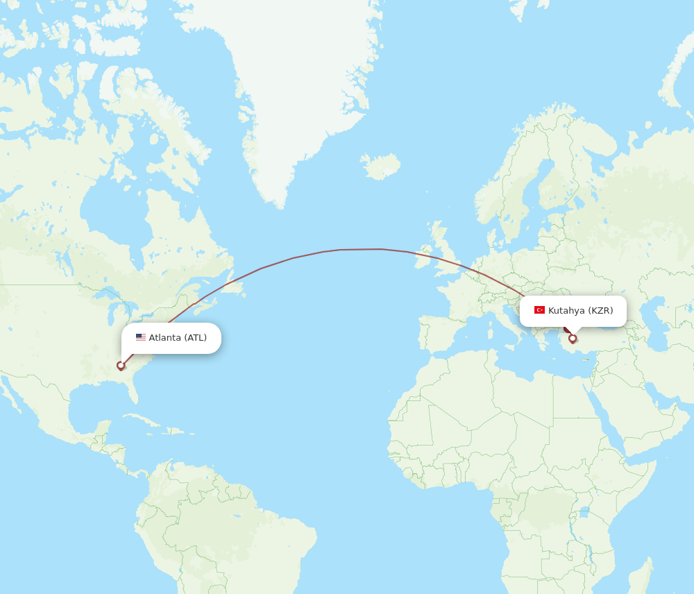 Atlanta - Kutahya route map and flight paths