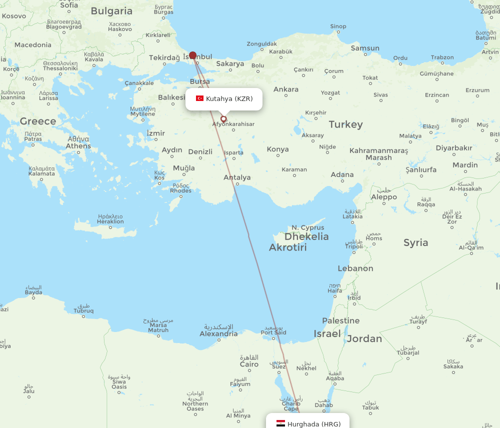 Hurghada - Kutahya route map and flight paths