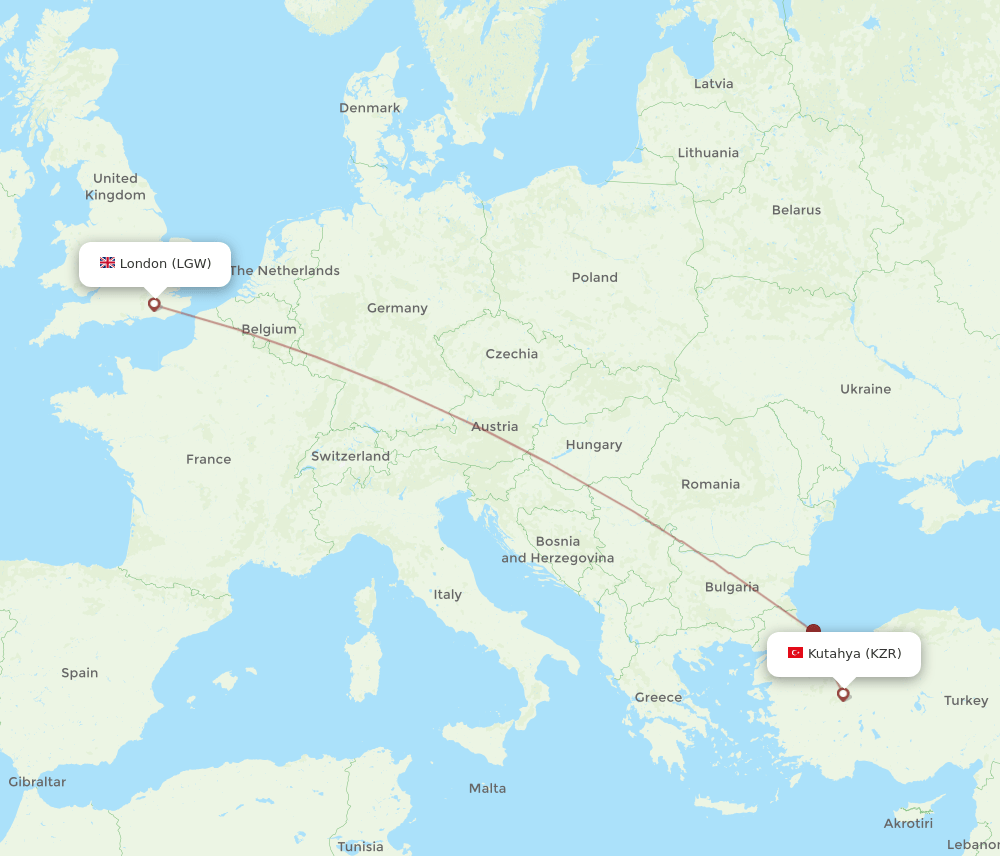 London - Kutahya route map and flight paths