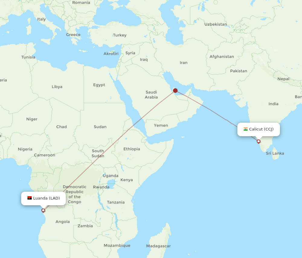 Kozhikode - Luanda route map and flight paths