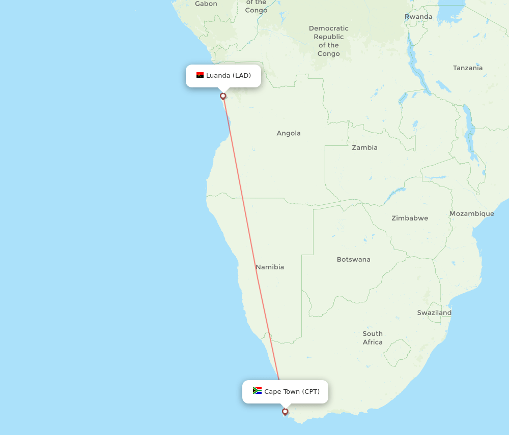 Luanda - Cape Town route map and flight paths
