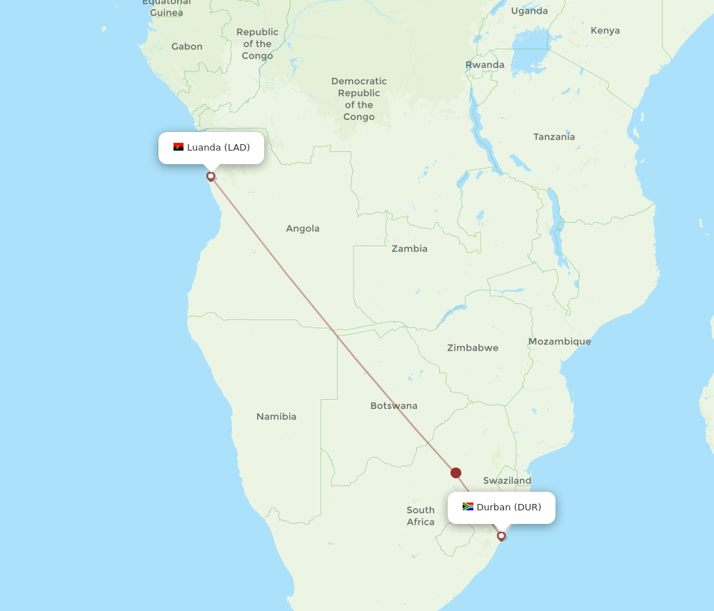LAD to DUR flights and routes map