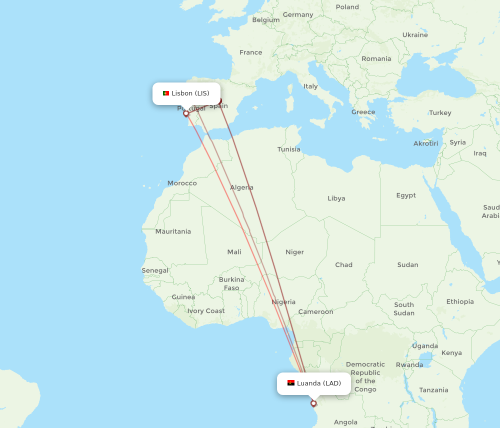 LAD to LIS flights and routes map