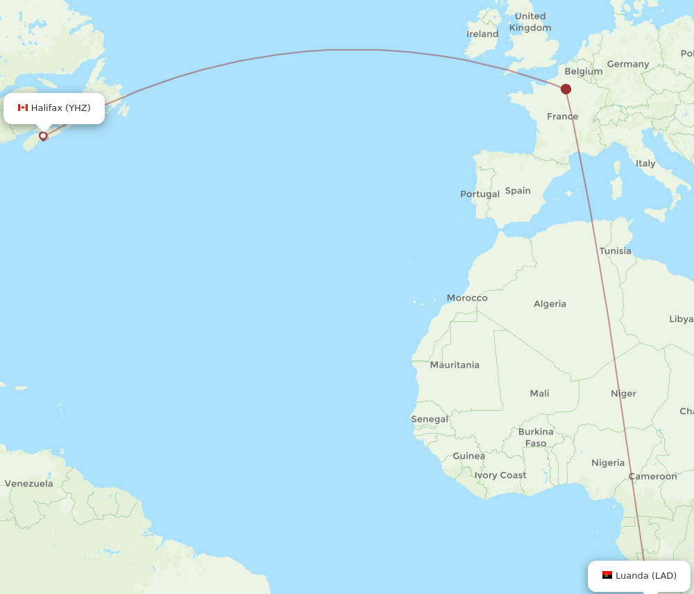 Halifax - Luanda route map and flight paths