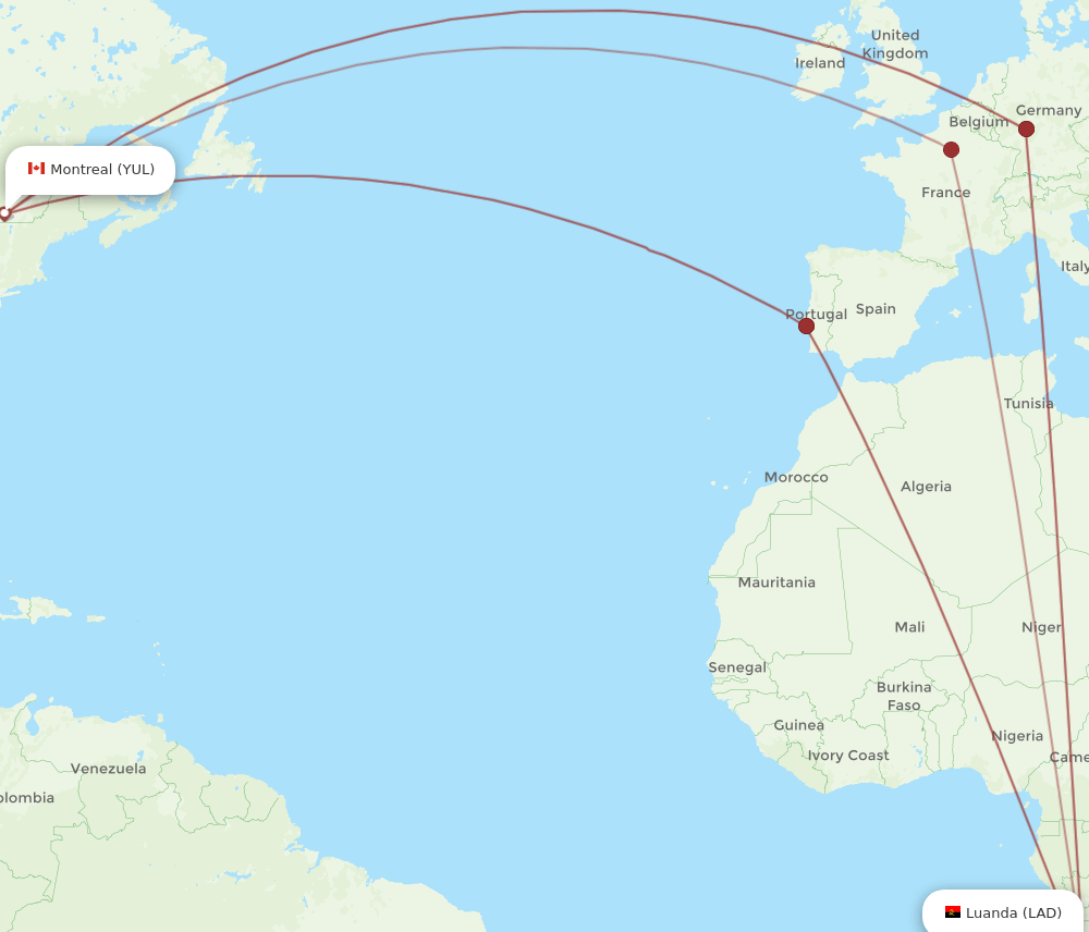 LAD to YUL flights and routes map