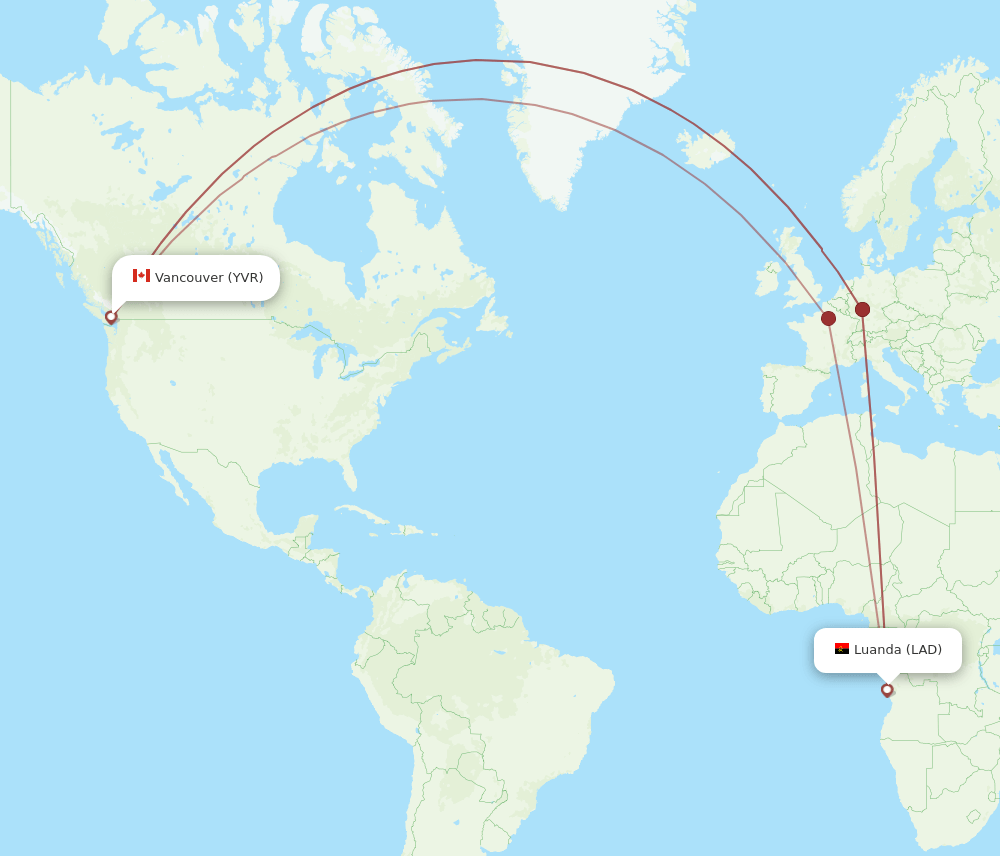 Vancouver - Luanda route map and flight paths