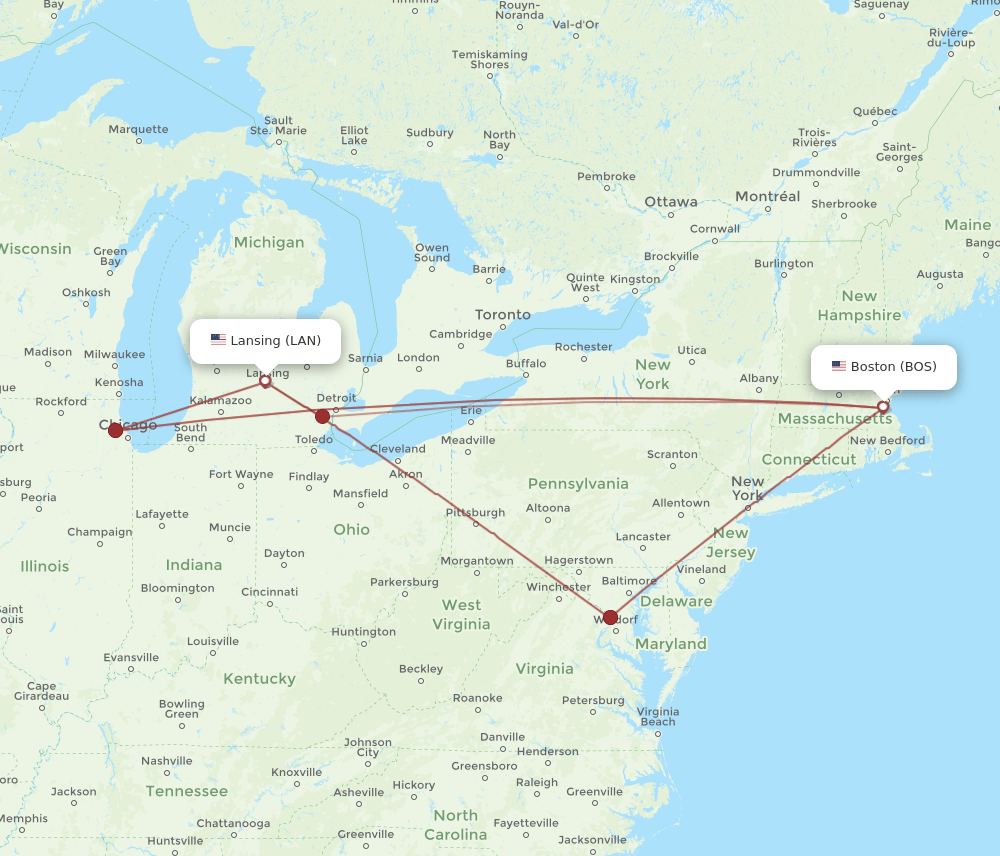 LAN to BOS flights and routes map