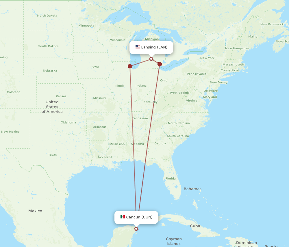 LAN to CUN flights and routes map