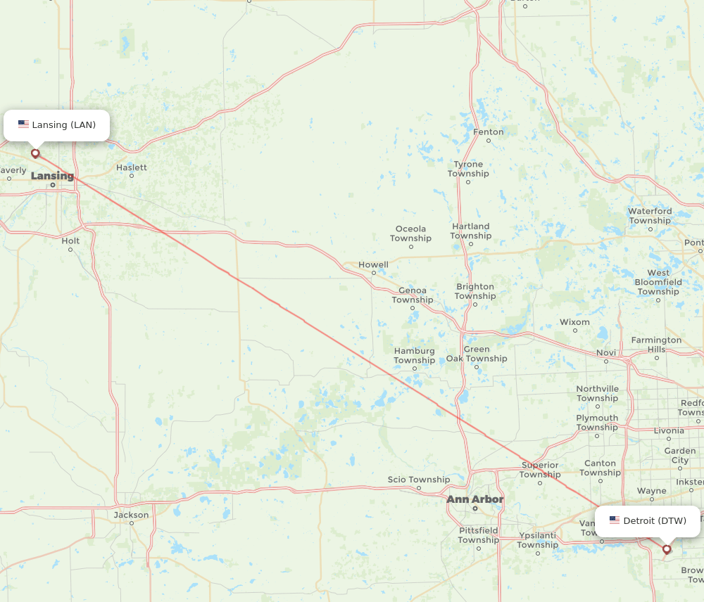 Lansing - Detroit route map and flight paths