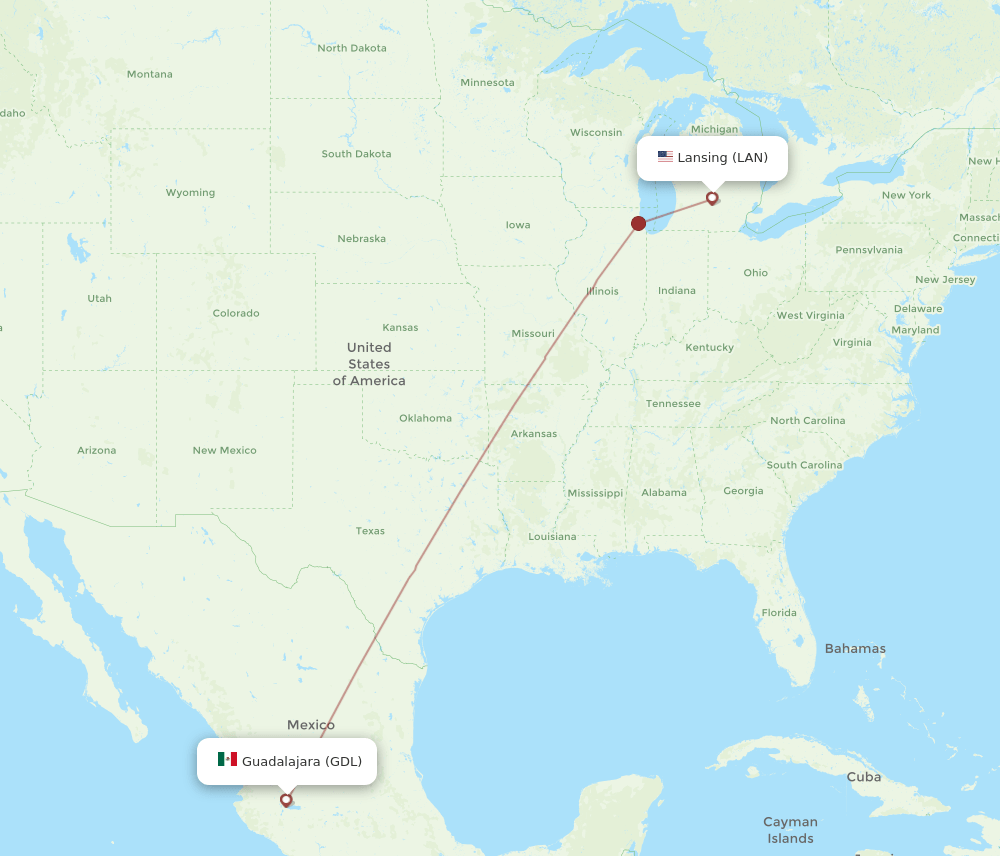 LAN to GDL flights and routes map