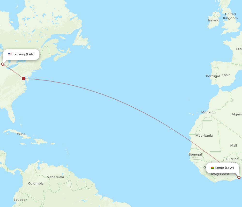 Lome - Lansing route map and flight paths